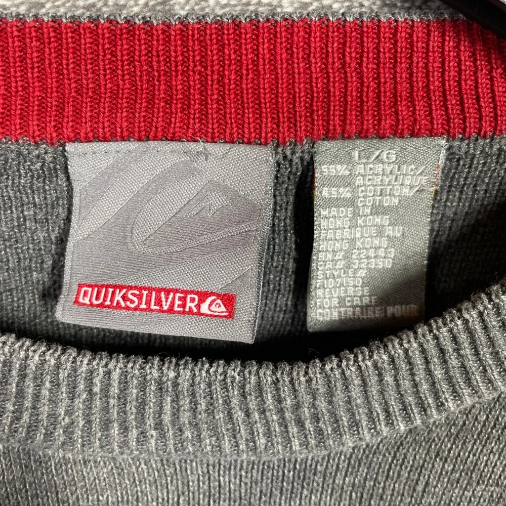 Quiksilver Sweater Mens L Vintage Ribbed Crewneck Gray Red Trim
